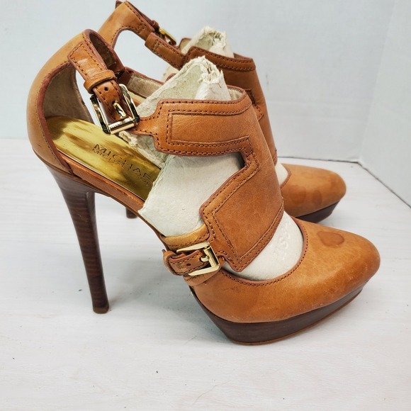 Michael Kors Tan Leather Cutout Platform Stiletto Heels Women's Size 8M - Picture 11 of 15
